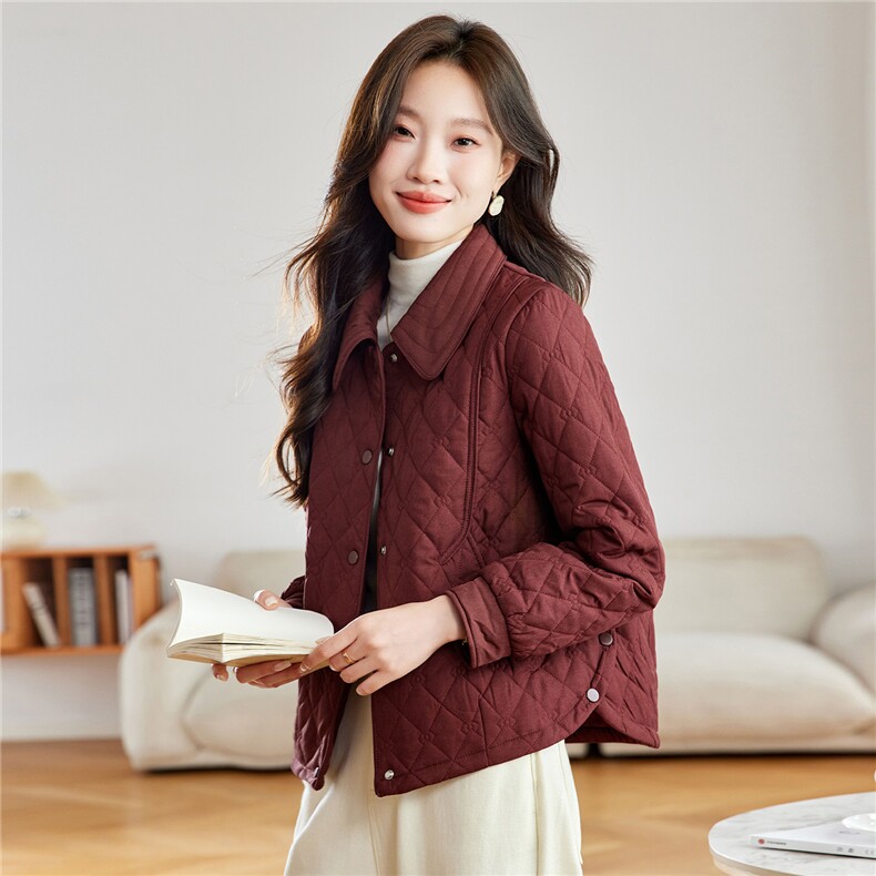 小香风菱格夹棉保暖外套女2025秋冬新款时尚翻领百搭显瘦轻薄棉服，女装棉衣/棉服，沐七七
