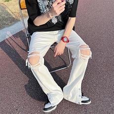 现货高街破洞牛仔裤男白色排扣开叉直筒裤女嘻哈长裤子K00-P50，男装牛仔裤，星座205