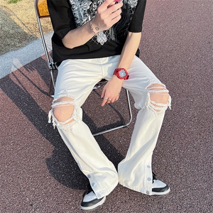 现货 高街破洞牛仔裤男白色排扣开叉直筒裤女嘻哈长裤子 K00-P50图片