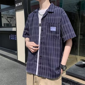 机能工装短袖衬衫男女山系街头宽松休闲翻领半袖黑色衬衣图片