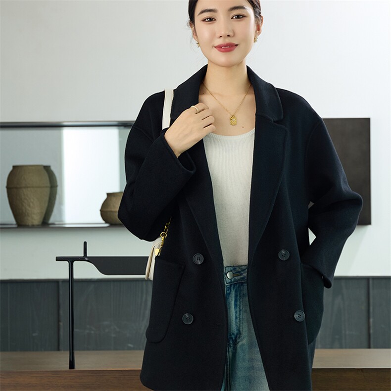 时尚百搭黑色双面呢大衣羊毛保暖外套显瘦修身设计秋冬，女装双面呢大衣，岳达羊绒