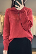 毛衣女新款2024秋冬套头翻领盘扣宽松慵懒针织上衣，女装羊毛衫，江南羊绒