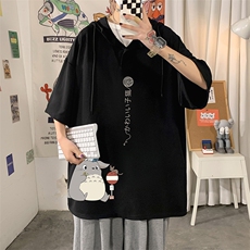 LD54152-P45连帽短袖t恤男大码胖子带帽五分袖中袖海报风，男装T恤，电商A040