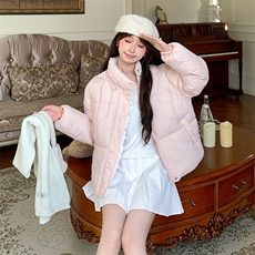 蕾丝拼接棉服外套女冬季韩系高级感粉色蝴蝶结系带棉衣，女装棉衣/棉服，星座1210-1