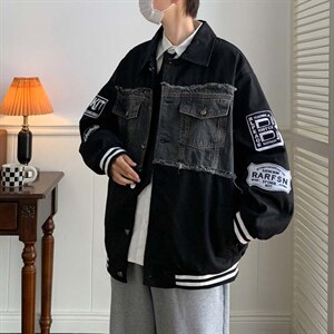 牛仔拼接刺绣棒球服春秋季新款情侣vintage外套夹克男 W5581-P62图片