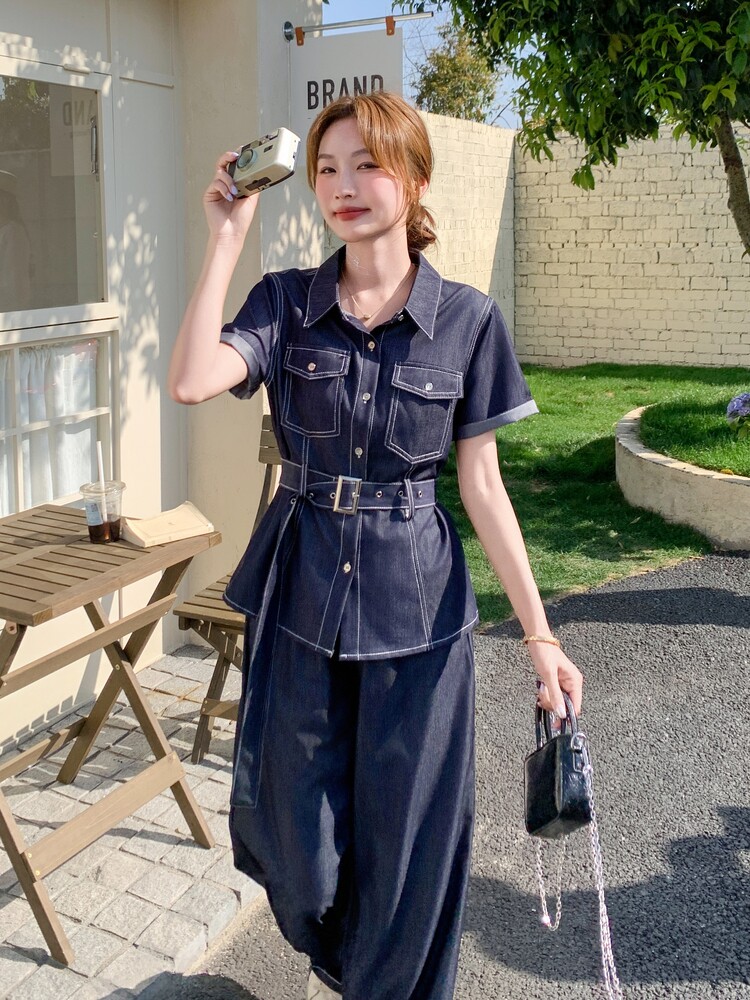 休闲工装收腰牛仔阔腿裤套装女夏2026新款高级感两件套松弛感,女装套装/套裙,印象茜