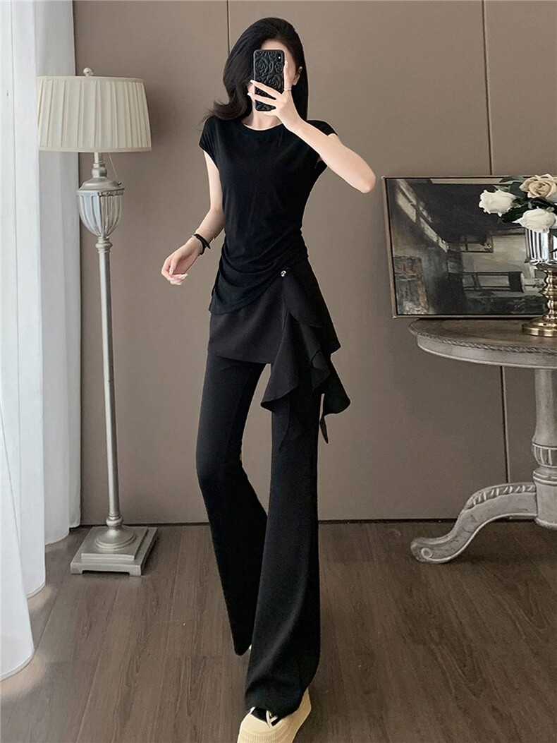 时尚气质减龄套装女夏新款圆领短袖假两件上衣修身显瘦长裤两件套,女装套装/套裙,江南