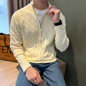 网图秋冬季男装立领拼接开衫针织衫毛衣外套纯色男士线衫加厚款棉图片
