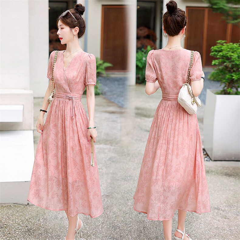 2023夏季过膝长款新款女复古时尚轻熟风收腰提花短袖连衣裙子长裙，女装连衣裙，韩宇舍
