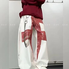 M617-P62美式辣妹重磅设计感涂鸦印花阔腿裤子女复古个性挂钩，男装休闲裤，电商B323A