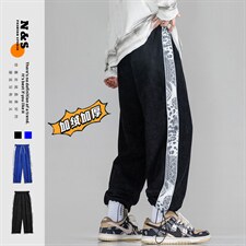 2025冬季新款港风加绒加厚长裤灯芯绒拼接休闲裤卫裤蓝GK51-P55，男装休闲裤，电商B277A（原A068）