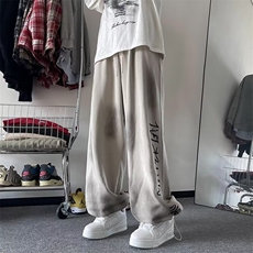 大码新款美式复古阔腿裤男女同款字母涂鸦运动休闲卫裤拖地裤子潮，男装牛仔裤，星座506