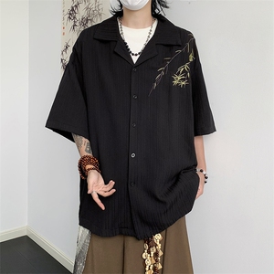 新款冰丝刺绣西装领薄款衬衫短袖男宽松休闲设计感衬衣