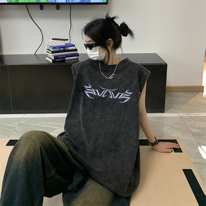 美式做旧水洗短袖T恤男女休闲oversize可拆卸无袖背心潮ET023-P49图片