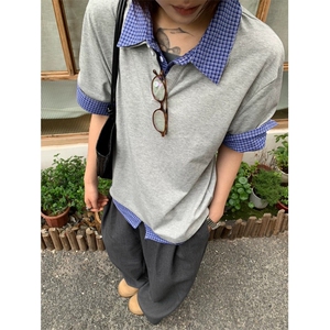 得物抖音高品质二开 夏季美式潮牌高街假两件格子衬衣翻领短袖T恤图片