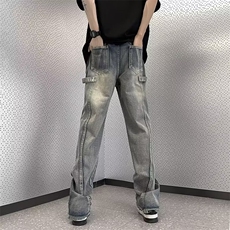 牛仔裤男美式复古欧美高街vibe宽松港风拉链开叉微喇裤P48，男装牛仔裤，星座1116-2