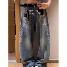 潮小众设计感绣花链条做旧牛仔裤男秋季街头痞帅废土风泼墨阔腿裤，男装牛仔裤，四季星座505