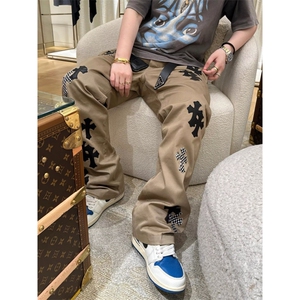 十字架美式潮裤子贴皮十字架宽松男女水洗长裤直筒牛仔AM7034 P72图片