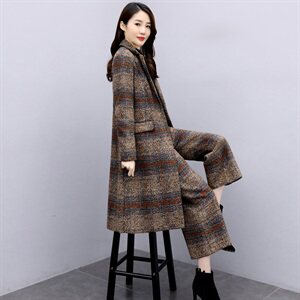 2023新款秋冬季时尚两件套女高端减龄格子大衣职业毛呢阔腿裤套装图片