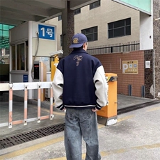 潮牌复古美式棒球服外套男女春秋拼接刺绣字母高街百搭情侣夹克，男装夹克，星座1210-1