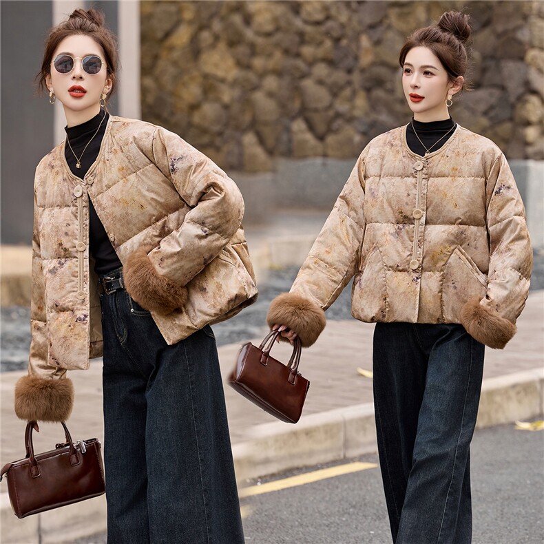 新中式90提花羽绒服2025年冬季新款高级感优雅气质白鸭外套,女装羽绒服,玖莱伊