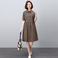 2026夏季新款纯棉宽松大码连衣裙中长款翻领开衫中长款女裙子，女装连衣裙，板酷