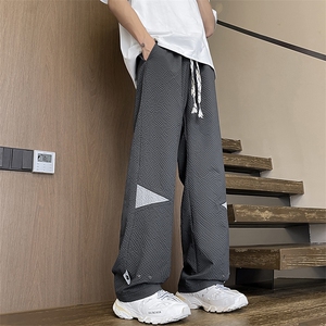 特批P30无差价夏秋衔接薄款泡泡纱拖地长裤男按扣拼色阔腿裤K1572图片