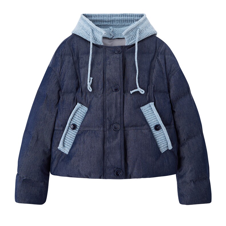 【bao款大货主推】2025冬装新款撞色拼接毛线连帽羽绒服90%白鸭绒,女装羽绒服,雅静靓衣