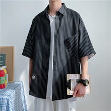 L夏季韩版竖条纹短袖衬衫bf风宽松休闲半袖男衬衣男W2991-P28，男装衬衫，星座512-2