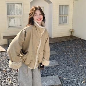 韩系羊羔毛外套女秋冬皮毛一体毛领保暖加厚立领派克服毛绒外套,白色线衫外套长款搭配图片