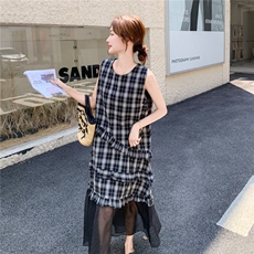 减龄格子木耳边格子黑色无袖背心连衣裙女夏2025新款长裙韩系别致，女装连衣裙，2C277