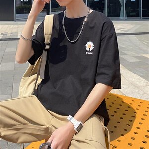 短袖T恤男夏季港风雏菊印花宽松百搭圆领纯棉t恤T1015-P15图片