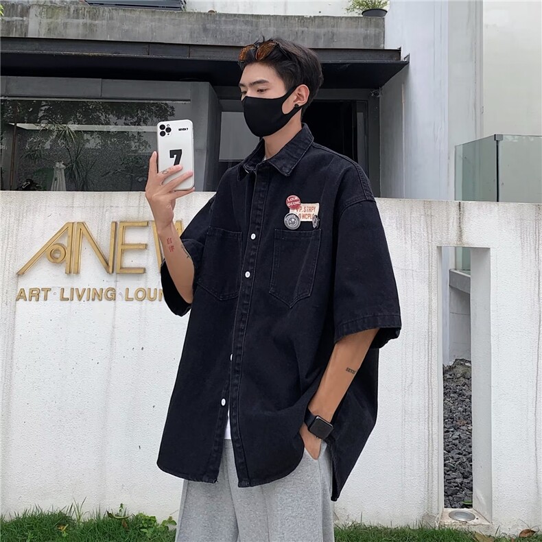 2025夏新款五分袖潮方领男ins简约文艺衬衫C1012P55,男装T恤,星座1108