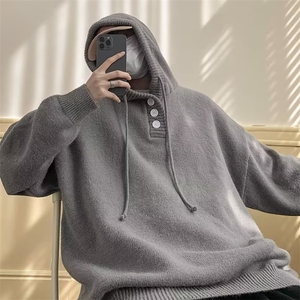 YM17连帽毛衣男日系复古慵懒外套oversize戴帽子针织衫卫衣重磅图片