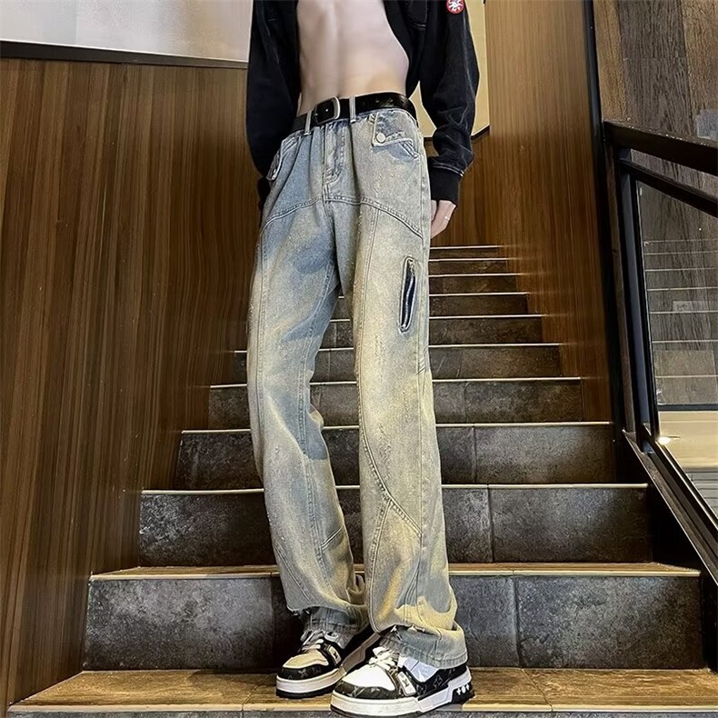 美式街头黄泥染拉链牛仔裤男女高街vibe风直筒裤显瘦微喇叭长裤子图片