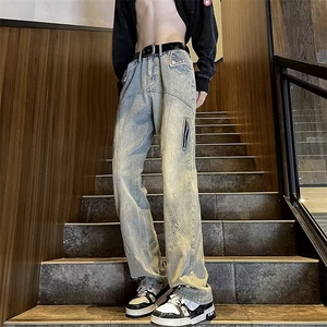 美式街头黄泥染拉链牛仔裤男女高街vibe风直筒裤显瘦微喇叭长裤子图片