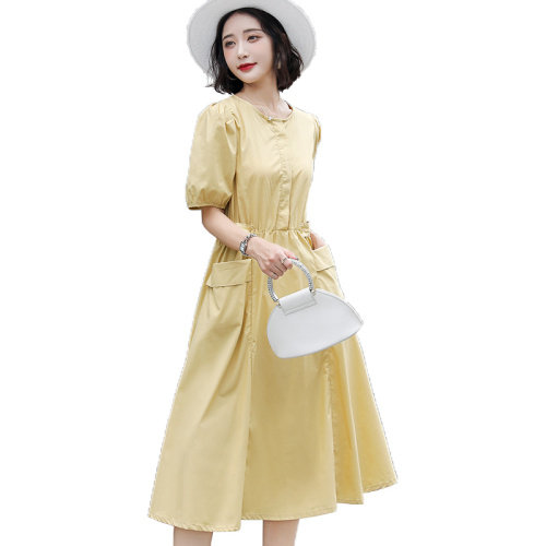 2021新款夏季连衣裙女泡泡袖圆领大口袋长裙收腰显瘦,女装连衣裙,瑶迪依秀