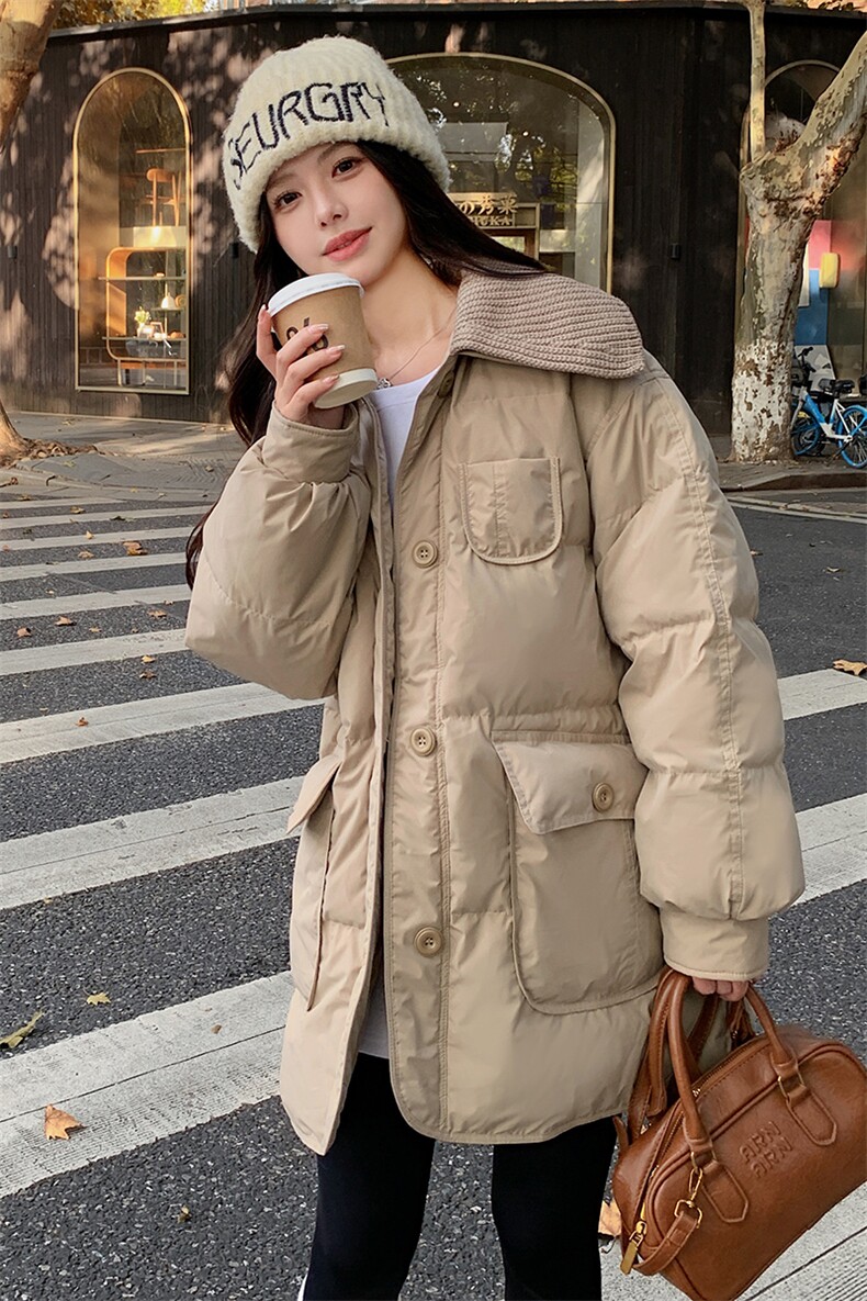 新品卡其色毛线娃娃领中长款羽绒服5819-P275-K408,女装羽绒服,2C159