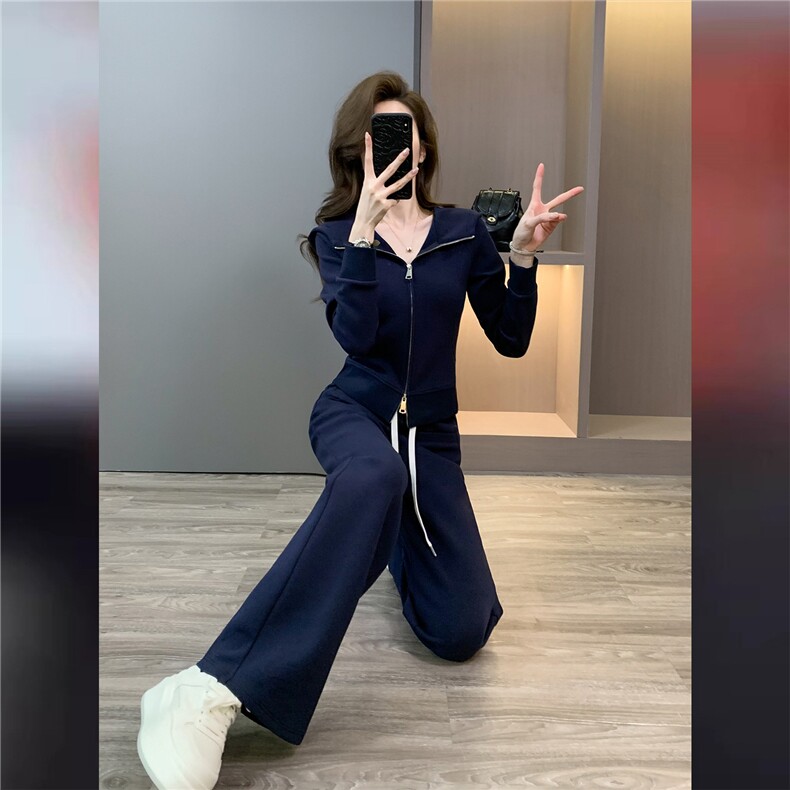 休闲运动套装女秋季新款双头拉链开衫卫衣抽绳阔腿长裤显瘦两件套,女装套装/套裙,2C310