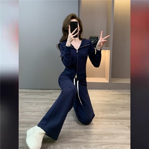 休闲运动套装女秋季新款双头拉链开衫卫衣抽绳阔腿长裤显瘦两件套图片