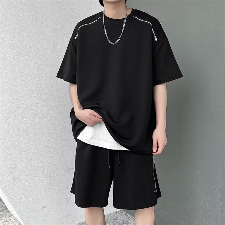 拉链高级感短袖T恤运动短裤两件套男夏季潮牌休闲套装 F667图片