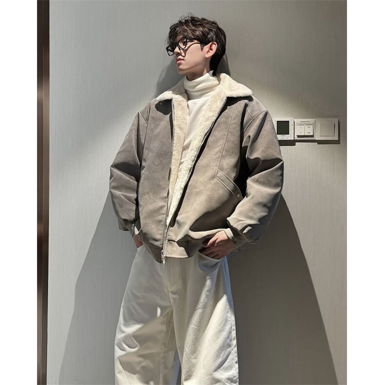 美式复古皮衣男2025冬加绒加厚翻领夹克皮毛一体外套,男装夹克,四季星座505
