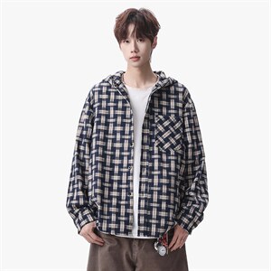 衬衫男春季新款港风宽松连帽大码格子长袖衬衣CS1982-P42，男装衬衫，星座214-3