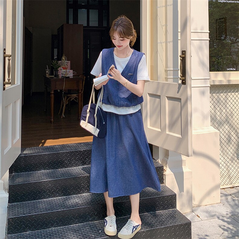 韩版轻熟风设计感套装女2025夏新款休闲显瘦牛仔马甲半身裙两件套,女装套装/套裙,秋水欣儿