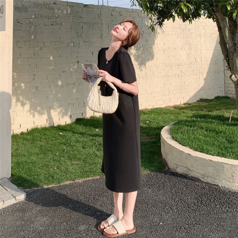 韩版简约休闲宽松短袖连衣裙女2025夏显瘦百搭气质拼接直筒中长裙,女装连衣裙,浙宝208