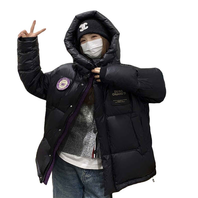 黑色保暖加厚连帽白鸭绒羽绒服外套女冬新款短款紫金小个子面包服,女装羽绒服,2C177