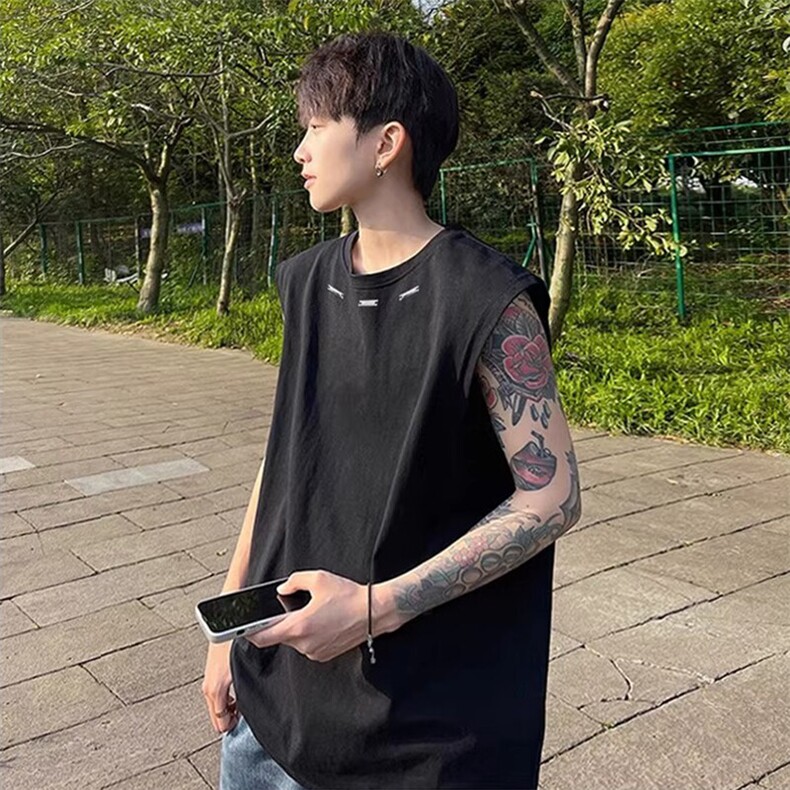 得物抖音品质二开240克双纱纯棉美式高街痞帅金属T恤无袖背心,男装背心/马甲,电商A486