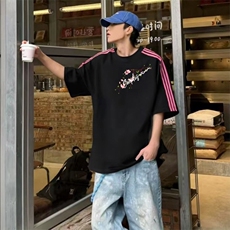 抖音得物品质二开240克宽松纯棉美式潮牌印花三条杠中性风短袖T恤，男装T恤，电商A486