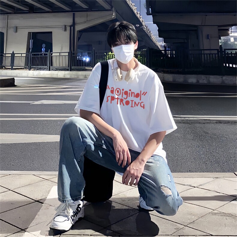 抖音得物供货210克现货宽松纯棉美式潮牌印花落肩袖纯棉T恤AT2198图片