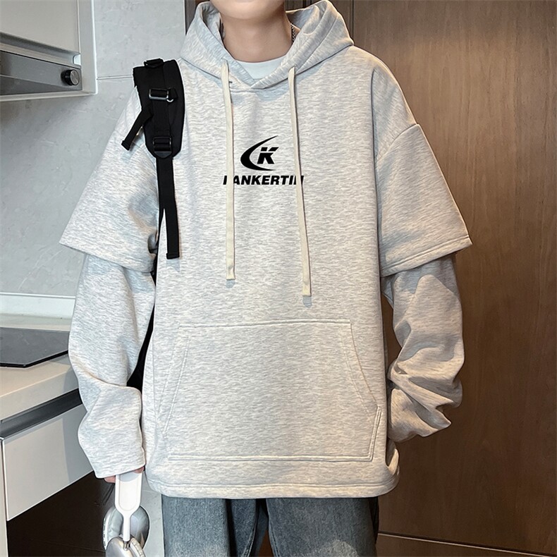 W866-P63M-6XL秋季美式重磅酷丝棉加绒假两件套头连帽卫衣,男装卫衣,星座109-1
